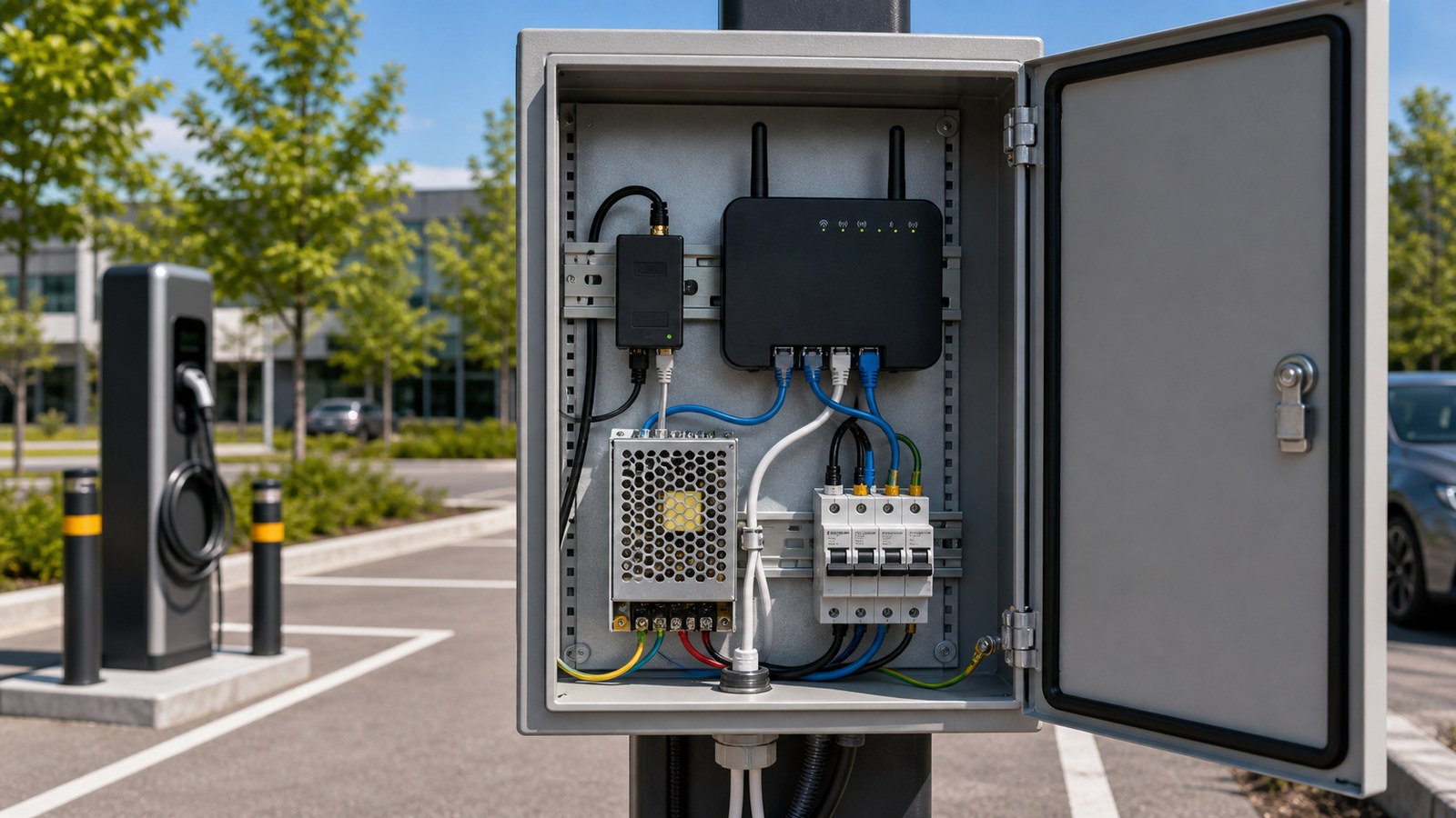 Сетевой шкаф зарядной станции с роутером, SIM-модемом и Ethernet-кабелями