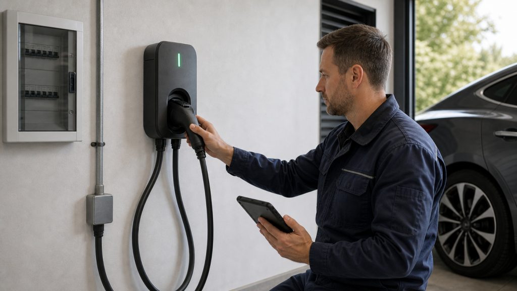 специалист проверяет wallbox после установки зарядной станции