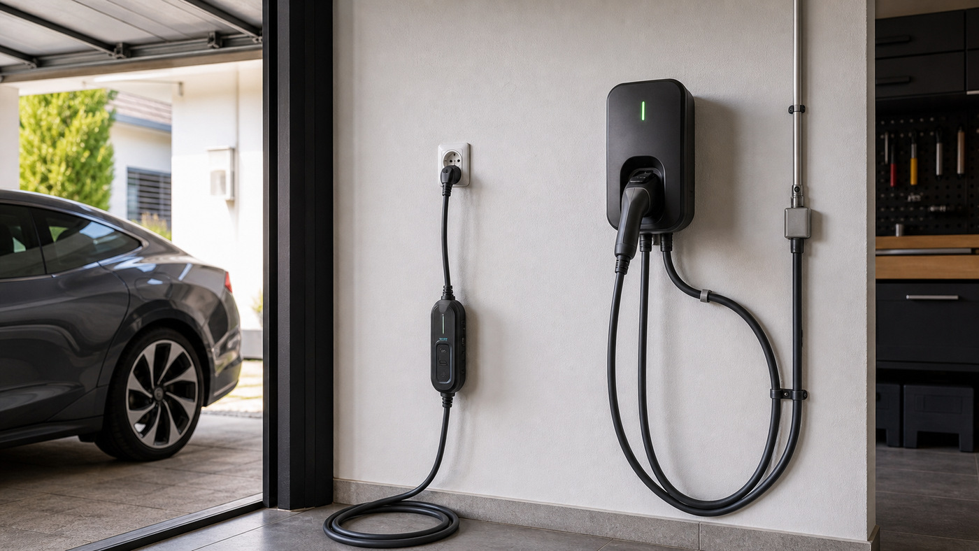 бытовая розетка с переносным EVSE и wallbox для домашней зарядки электромобиля
