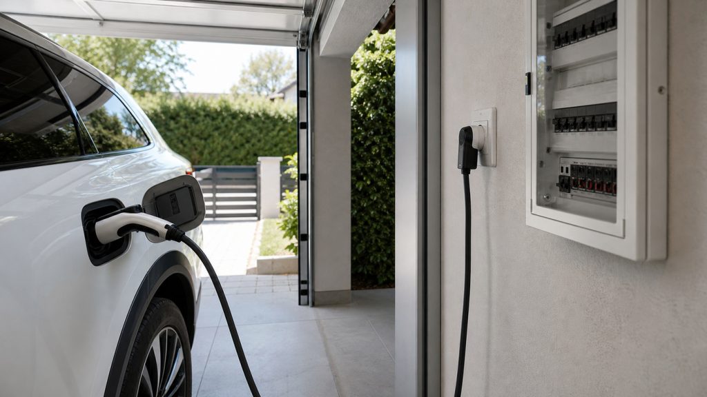 электромобиль заряжается от бытовой розетки 220 В через переносной EVSE в гараже