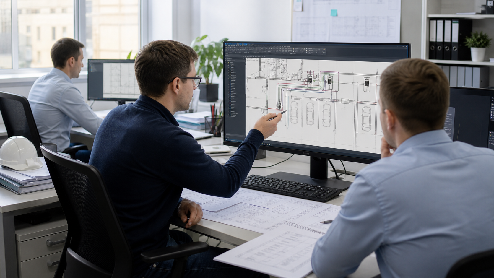 проектировщики смотрят CAD-чертеж зарядной станции на мониторе