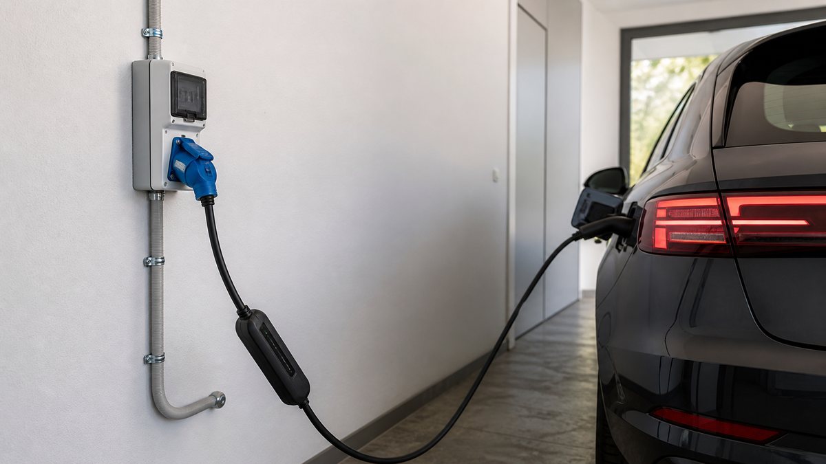 Синяя CEE-розетка с переносным EVSE для зарядки электромобиля в гараже